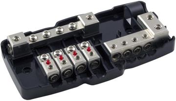 4Connect Fordeler blok med sikringsholder til 2x 50 mm2 og 4x 20mm2 stel/strømkabel profil forside/front uden cover